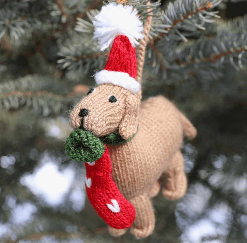 Festive Brown Doggies with PomPom Hat & Christmas Stocking Ornaments