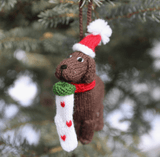Festive Brown Doggies with PomPom Hat & Christmas Stocking Ornaments