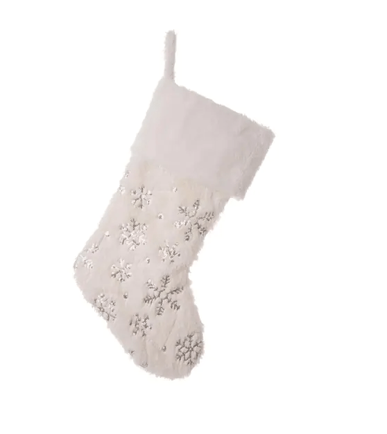 GLITZHOME LLC CHRISTMAS Plush Christmas Stocking Silver Embroidered Sequin Snowflakes  Loop Hanger