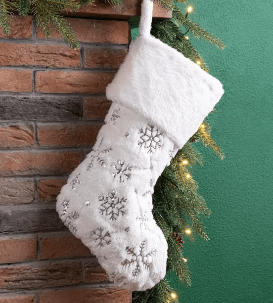 GLITZHOME LLC CHRISTMAS Plush Christmas Stocking Silver Embroidered Sequin Snowflakes  Loop Hanger
