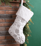 GLITZHOME LLC CHRISTMAS Plush Christmas Stocking Silver Embroidered Sequin Snowflakes  Loop Hanger