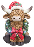 LARGE LIGHTED CHRISTMAS HIGHLAND COW WITH WREATH & HAT FIGURINE