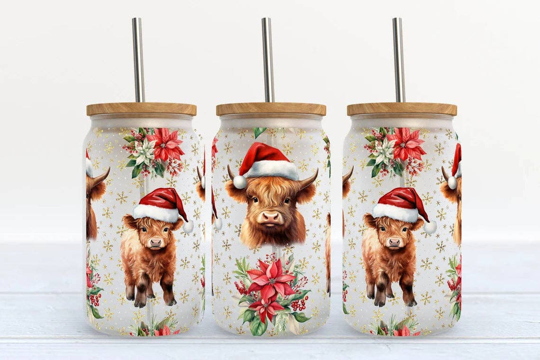 Kate Haven Glass Tumblers for Every Occasion Kate Haven Glass Tumblers for Every Occasion - Christmas Highland Cow Poinsettia 16oz Libbey Glass Tumbler
