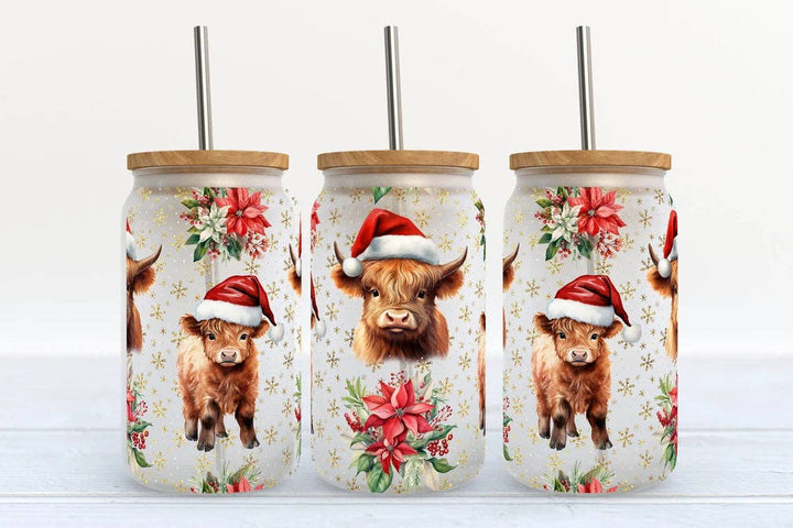 Kate Haven Glass Tumblers for Every Occasion Kate Haven Glass Tumblers for Every Occasion - Christmas Highland Cow Poinsettia 16oz Libbey Glass Tumbler