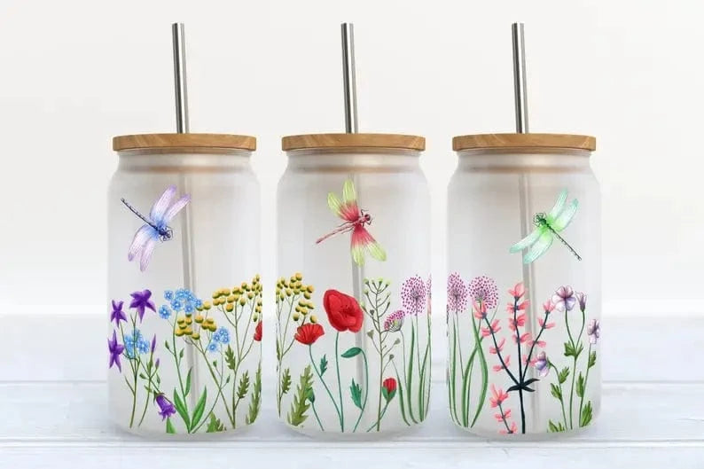 Kate Haven Glass Tumblers for Every Occasion Kate Haven Glass Tumblers for Every Occasion -  Dragonfly and Flowers 16oz Frosted Glass Tumbler