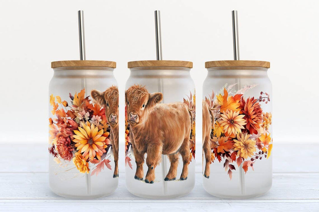 Kate Haven Glass Tumblers for Every Occasion Kate Haven Glass Tumblers for Every Occasion - Highland Cow and Peach Florals 16oz Libbey Glass Frosted Tumbler