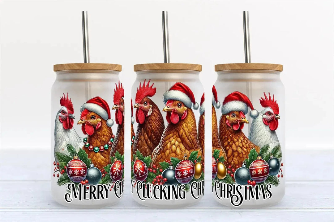 Kate Haven Glass Tumblers for Every Occasion Kate Haven Glass Tumblers for Every Occasion - Merry Clucking Christmas Farm Chickens 16oz Frosted Libbey  