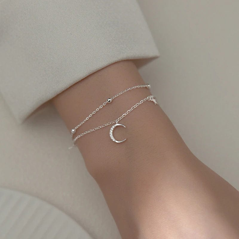 Moon and Stars Sterling Silver Two Strand Bracelet