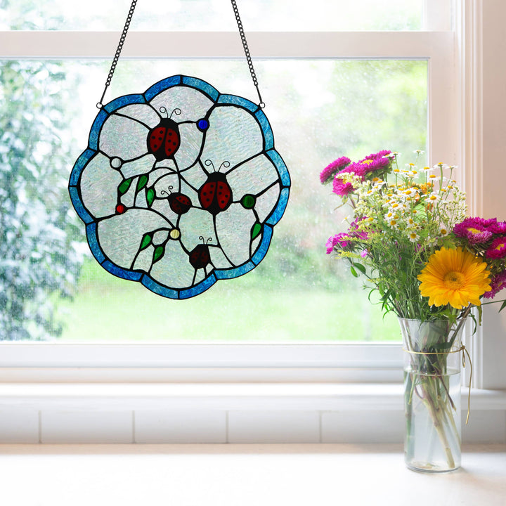 River of Goods River of Goods - 12"H Ladybugs Round Stained Glass Window Panel