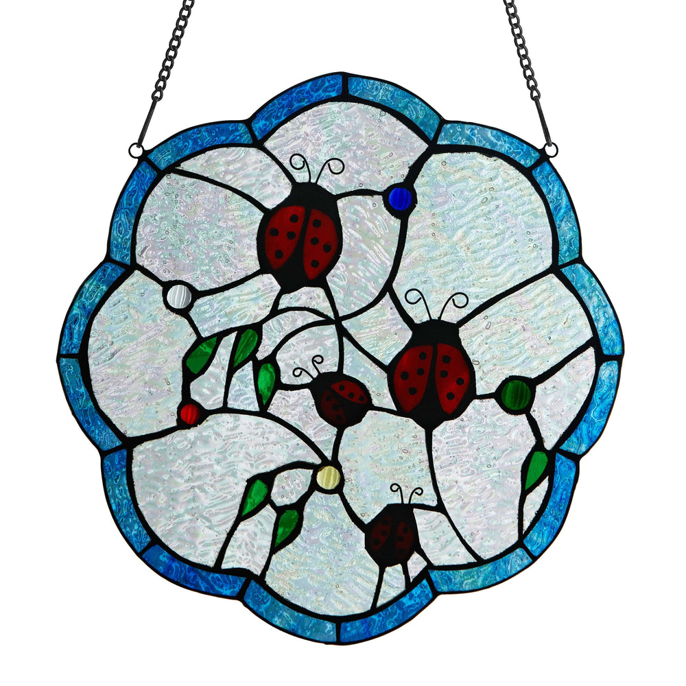 River of Goods River of Goods - 12"H Ladybugs Round Stained Glass Window Panel