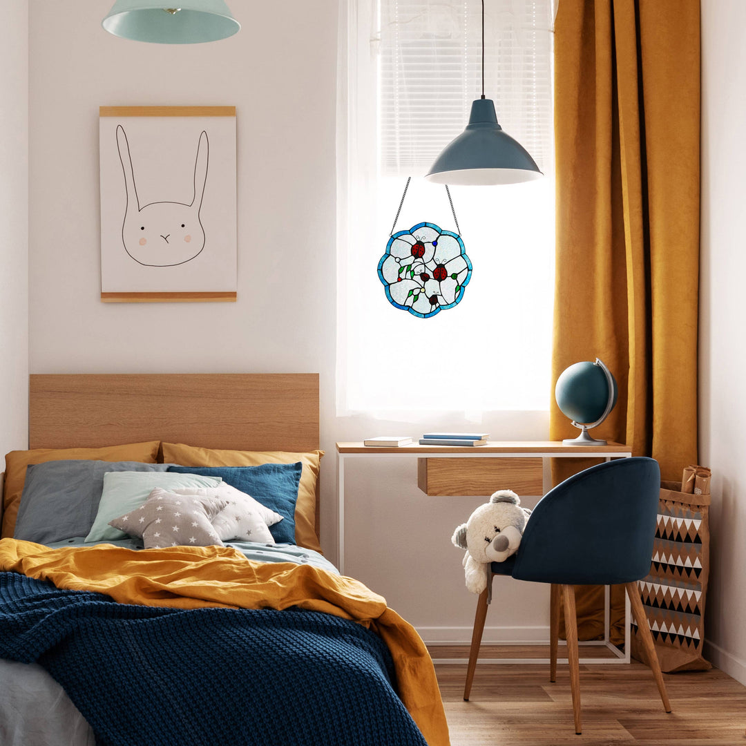 River of Goods River of Goods - 12"H Ladybugs Round Stained Glass Window Panel