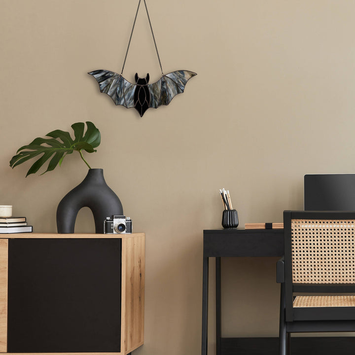 River of Goods River of Goods - 16"W Halloween Black Bat Stained Glass Window Panel