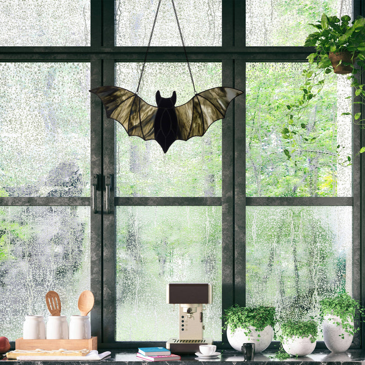 River of Goods River of Goods - 16"W Halloween Black Bat Stained Glass Window Panel