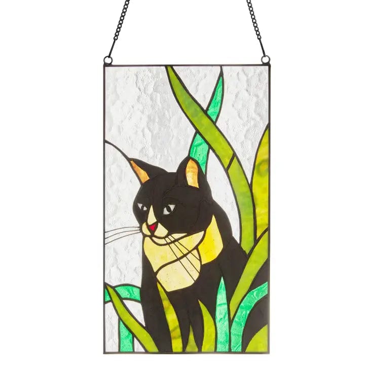 Tuxedo Cat Stained Glass Panel-Hiding in Grass Cat Lovers