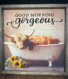 Stir Crazy Signs 14x14 / Jacobean Stir Crazy Signs - Good Morning Gorgeous Highland Cow Farmhouse Sign