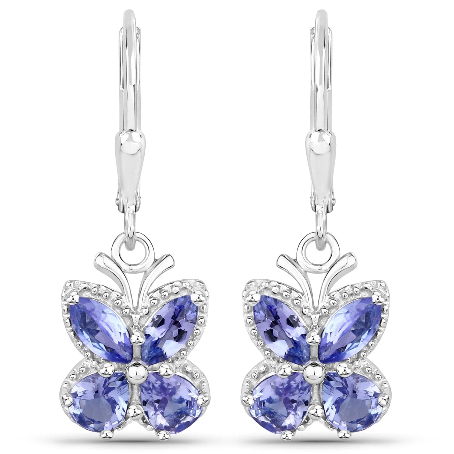 Gemstone Butterfly Drop Earrings Sterling Silver Tanzanite and Aquamarine