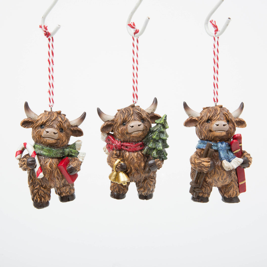 The Gerson Companies The Gerson Companies - Christmas 3.5"H Resin Holiday Highland Cow Ornament, 3 Asst