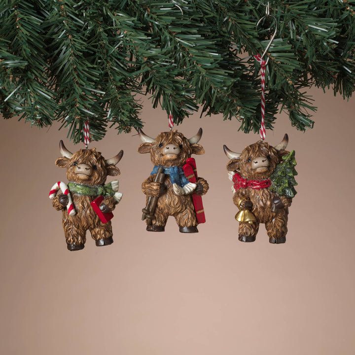 The Gerson Companies The Gerson Companies - Christmas 3.5"H Resin Holiday Highland Cow Ornament, 3 Asst