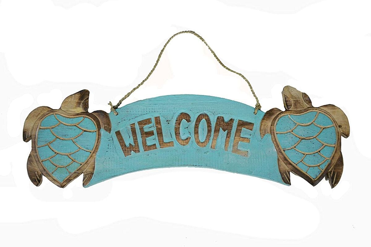 Two Turtle Hand Carved Wooden Welcome Sign Shabby Beach Decor