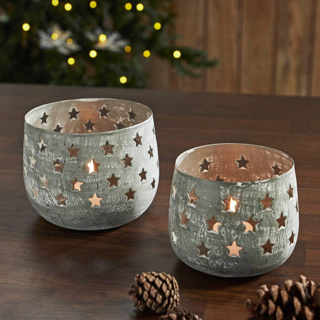 VHC Brands VHC Brands - Starbright Distressed Gray Metal Candle Holder Set of 2 - 3.54/4.13 inch