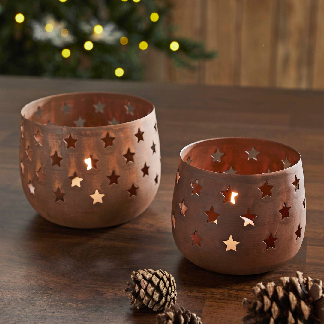 VHC Brands VHC Brands - Starbright Rusted Metal Candle Holder Set of 2 - 3.54/4.13 inch