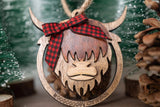 Highland Cow Ornament - Mooooey Christmas Cow Ornament - Wooden Farmhouse Ornament