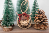 Highland Cow Ornament - Mooooey Christmas Cow Ornament - Wooden Farmhouse Ornament