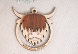 Highland Cow Ornament - Mooooey Christmas Cow Ornament - Wooden Farmhouse Ornament