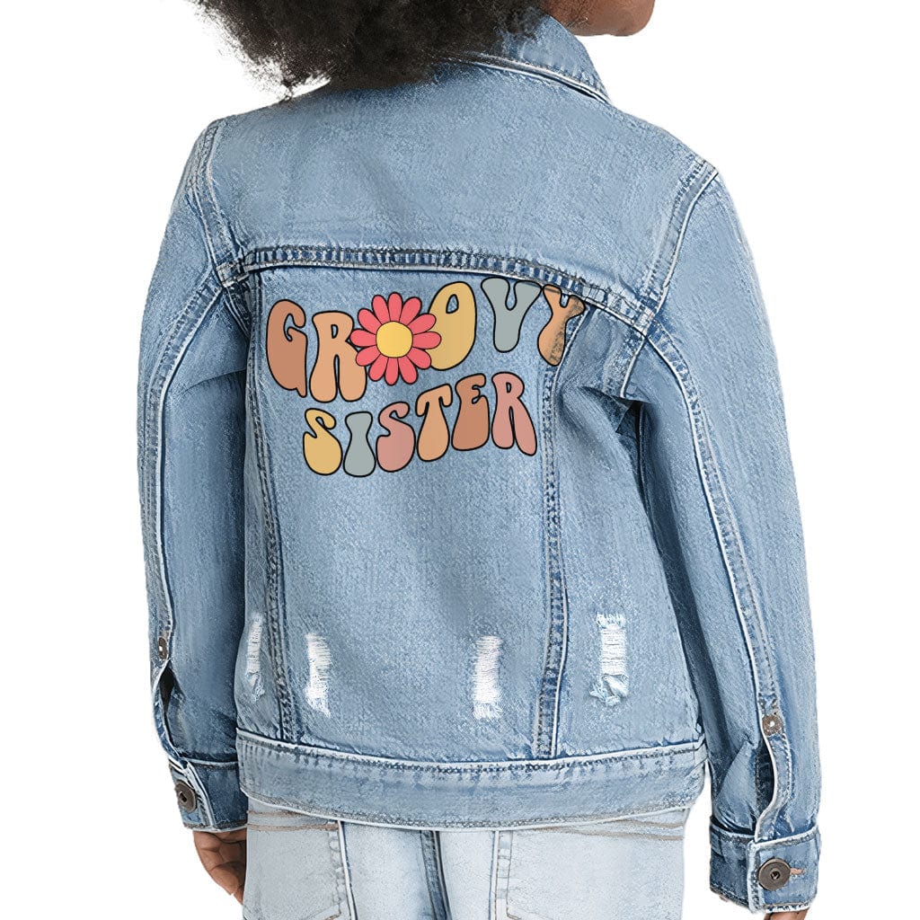 Sister Print Toddler Denim Jacket - Cute Jean Jacket - Illustration Denim Jacket for Kids