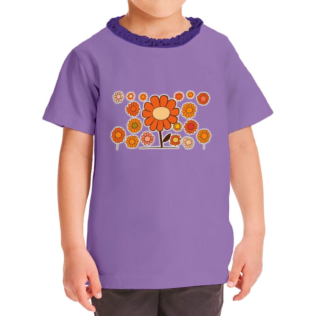 Flower Print Girls' Ruffle Neck T-Shirt - Artwork Toddler T-Shirt - Graphic Ruffle Neck Tee