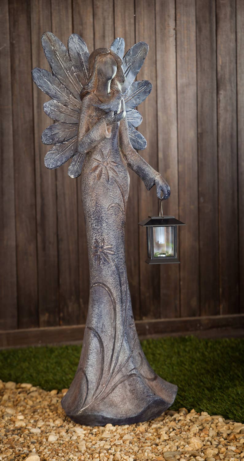 Large Angel Statue with Solar Lantern Memorial Garden Decoration