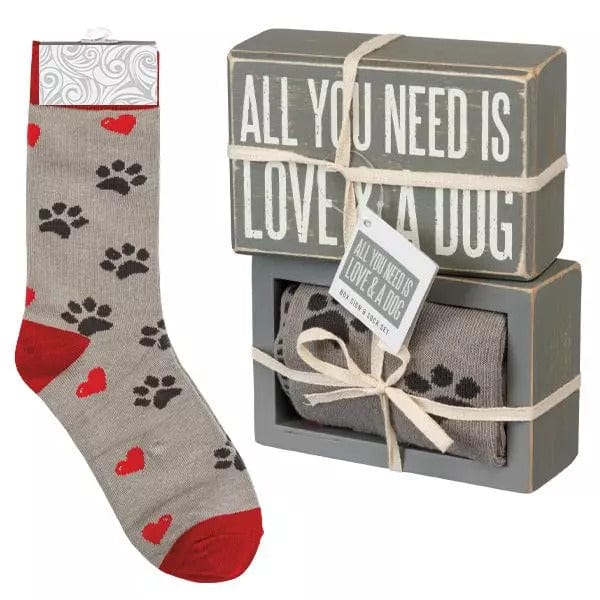 Box Sign and Sock Set - All You Need Is Love and a Dog - Perfect Dog Lovers Gift - The Pink Pigs, A Compassionate Boutique