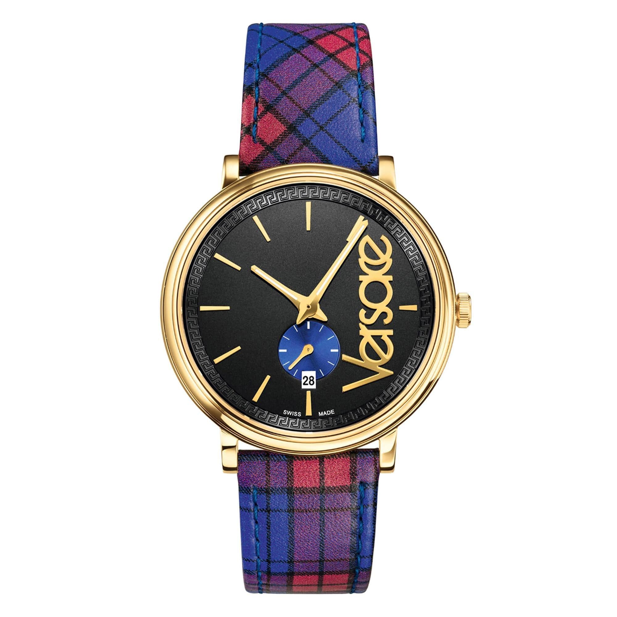 Versace Circle the Clans Gold IP Watch W/ Blue Tartan Strap 42mm - The Pink Pigs, A Compassionate Boutique
