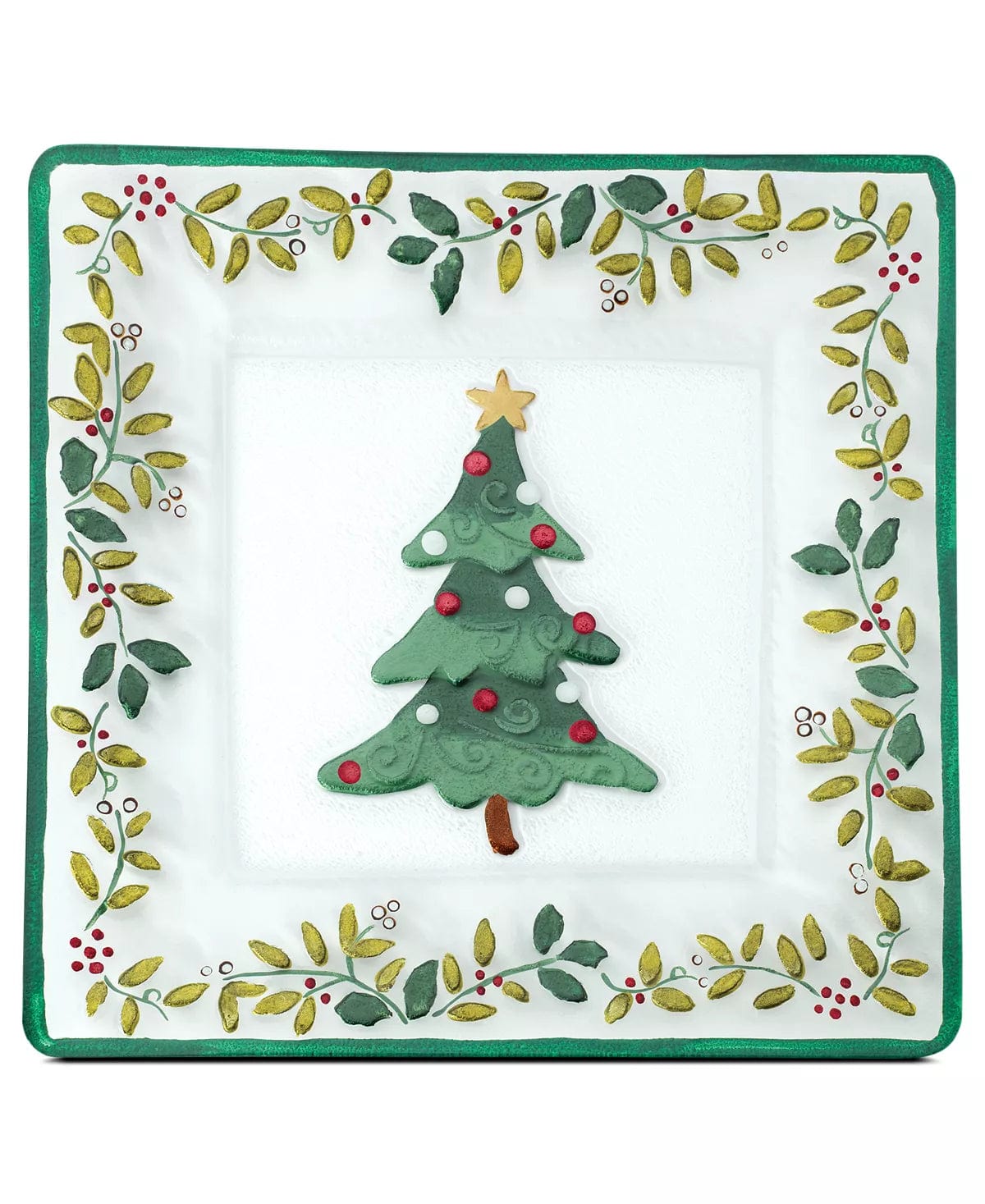 Winterberry Square Glass Christmas Tree Platter Crafted of High Quality Pressed Glass Imported