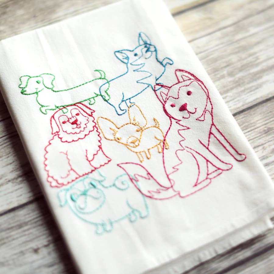 Lots of Dogs or Cats Lint-free Heavyweight Embroidered Floursack Tea Towel Handmade - The Pink Pigs, A Compassionate Boutique