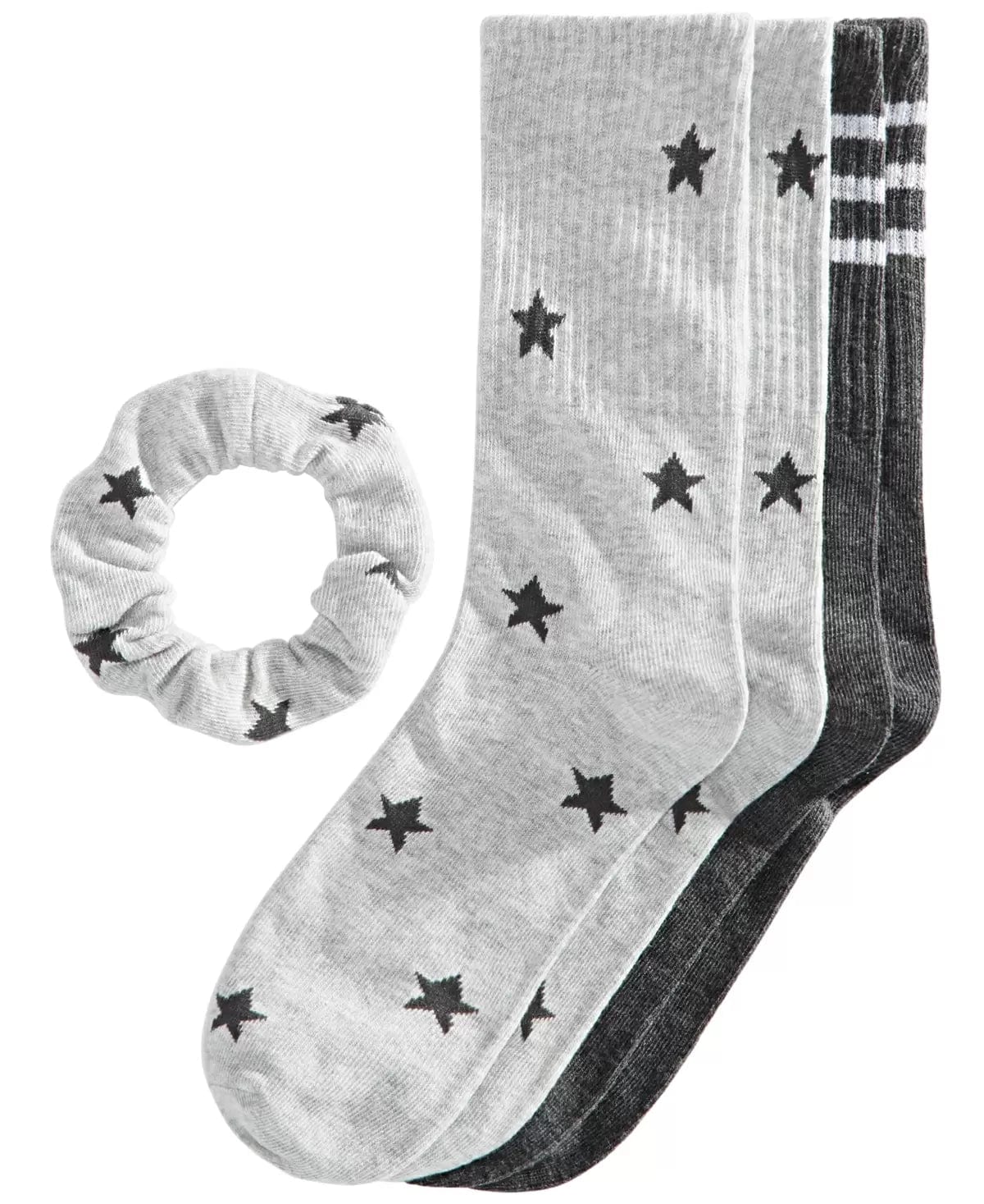 Women's Crew Socks with Scrunchie Set Jenni 2 Pair Striped and Star Super Soft