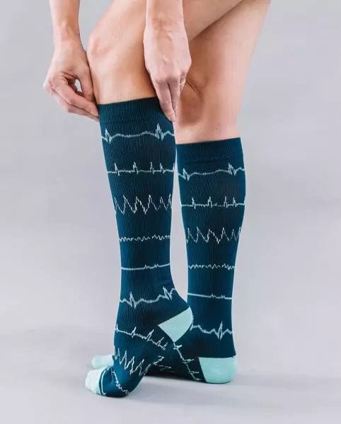 EKG Rhythm Fashion Compression Socks - Navy - Large-XL Machine Washable