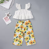 Square Neck White Tank and Sunflower Print Pants Set for Toddler Girls