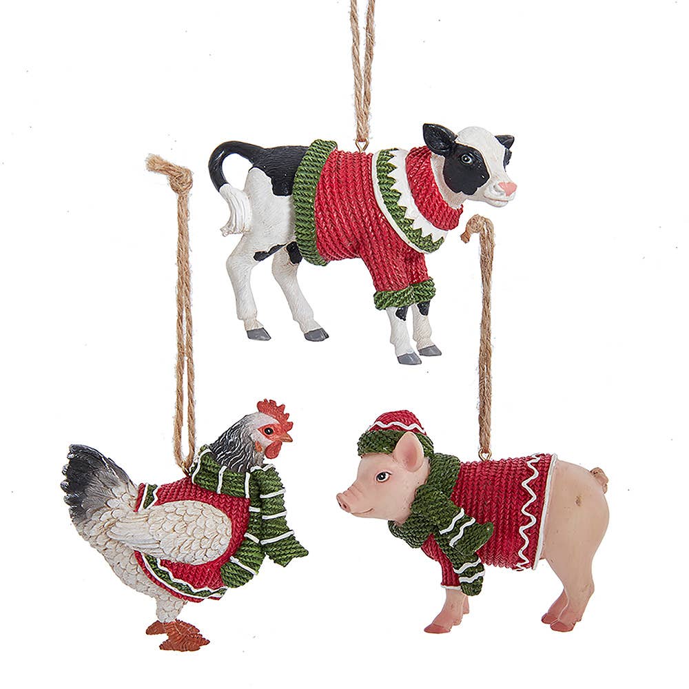 Resin FARM ANIMALS W/SWEATER+SCARF Pig, Cow, Chicken - The Pink Pigs, Animal Lover's Boutique