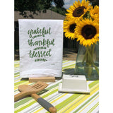 Grateful, Thankful, Blessed Handprinted White Flour Sack Tea Towel with Hanging Loop - The Pink Pigs, A Compassionate Boutique