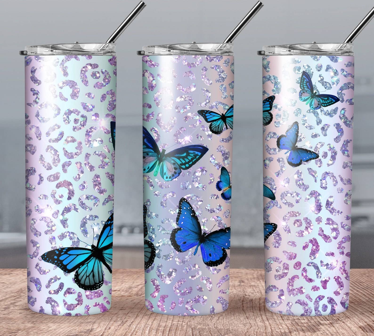 Spring Butterfly Skinny Tumbler Leopard Print and Glitter!