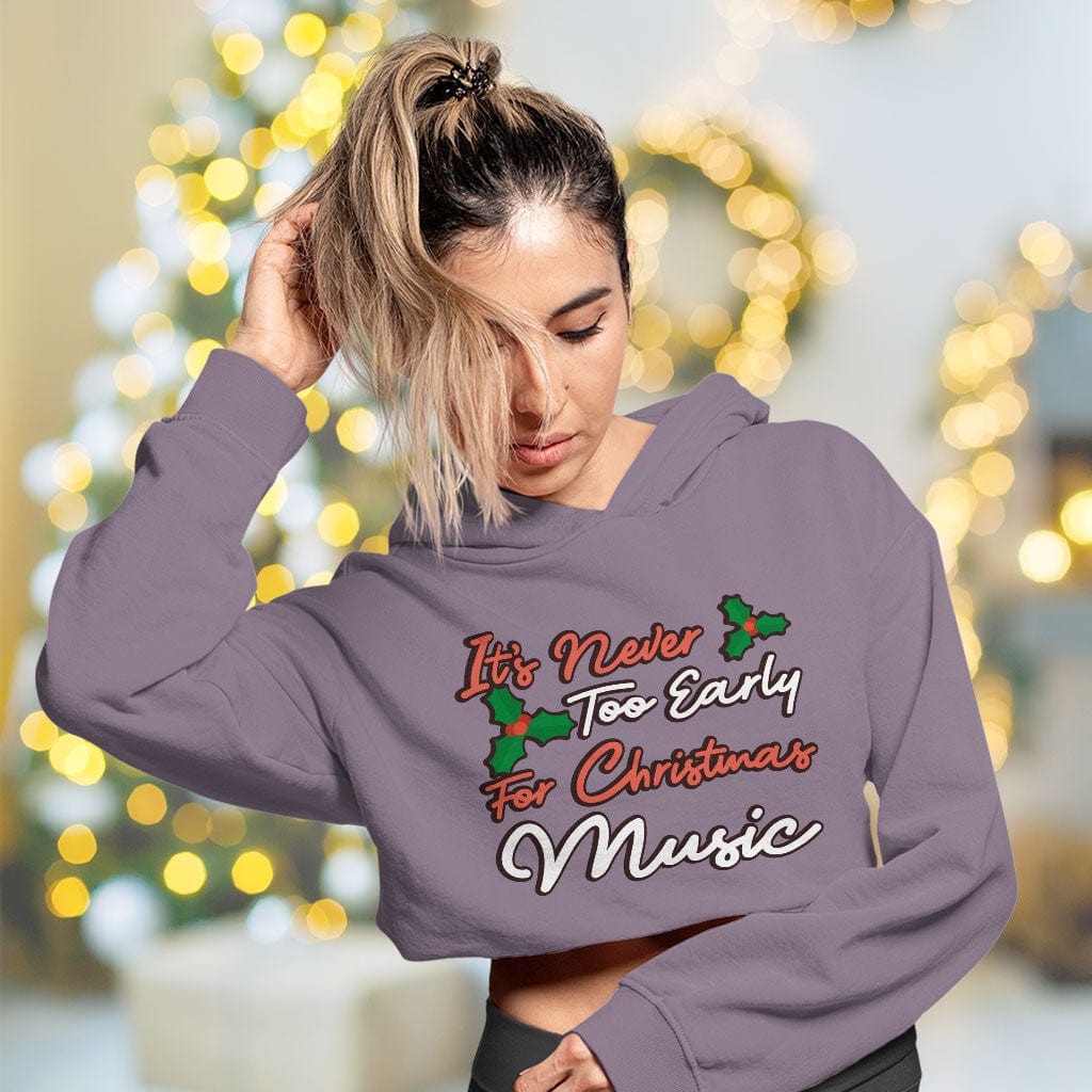 Christmas Music Women's Cropped Fleece Hoodie - Word Art Cropped Hoodie for Women - Music Hooded Sweatshirt