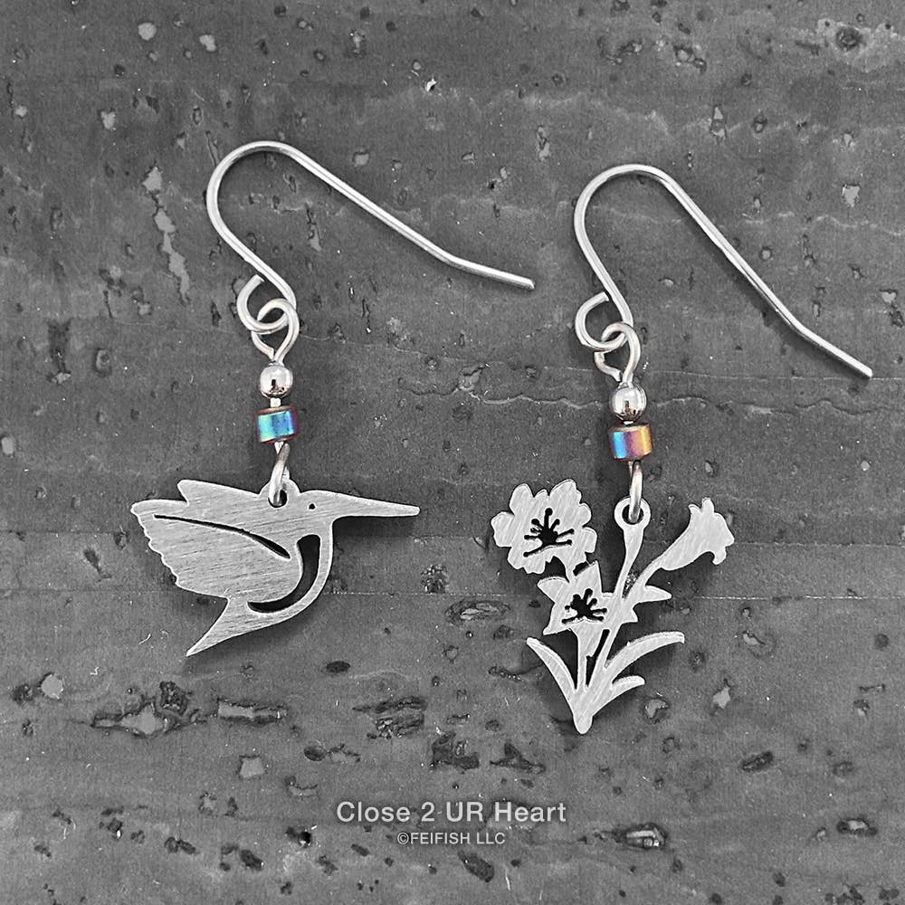 Hummingbird and Flowers Earrings Stainless Steel Made in the USA