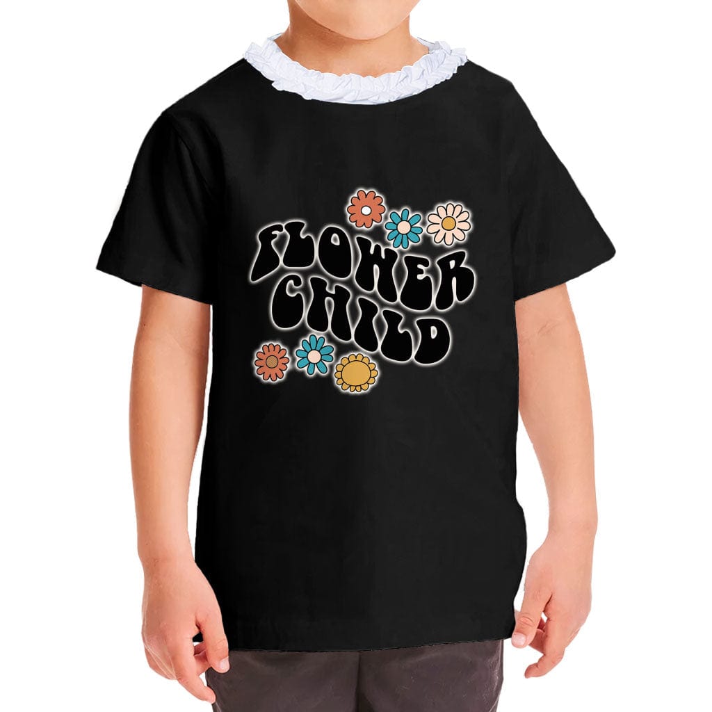 Flower Child Girls' Ruffle Neck T-Shirt - Cartoon Toddler T-Shirt - Cute Design Ruffle Neck Tee