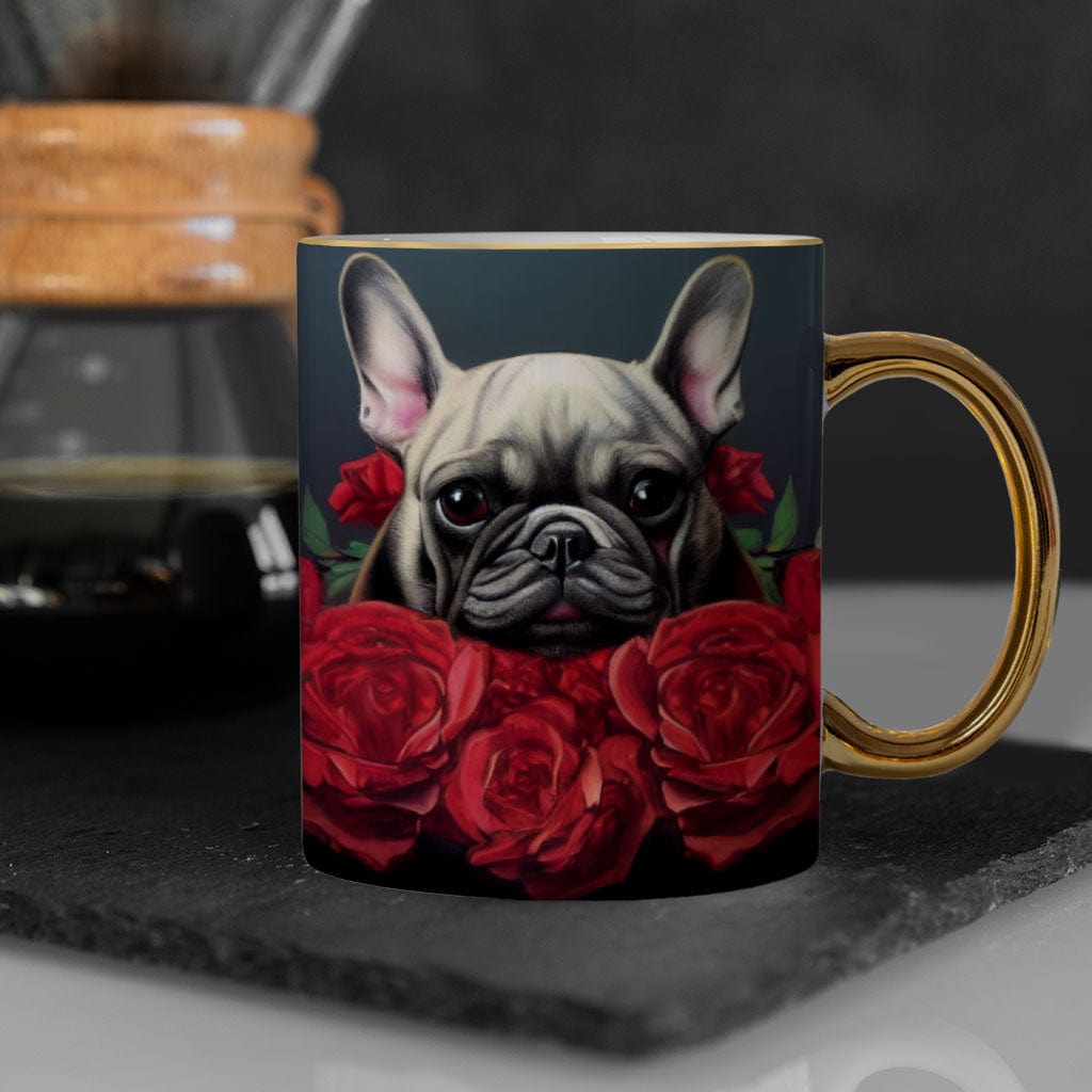 Dog Print Mug - Red Rose Gold Rim and Handle Mug - Bulldog Mug