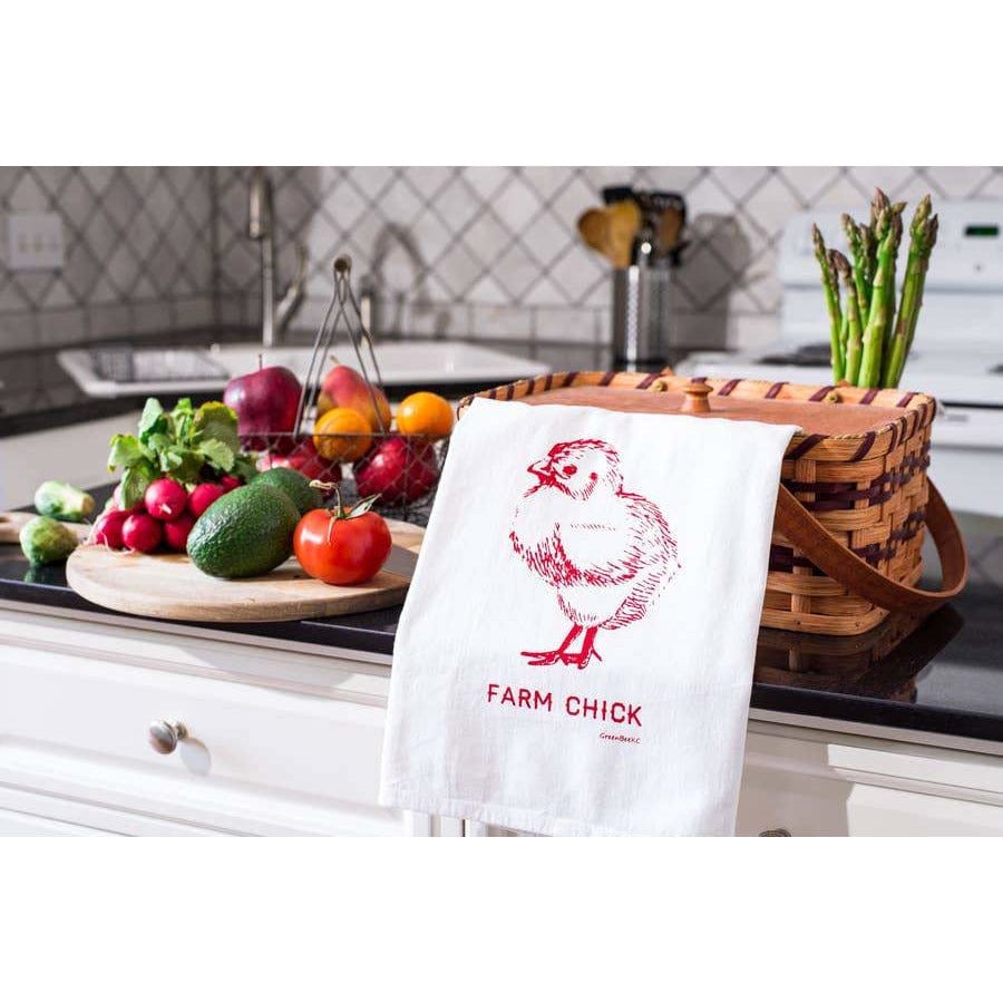 Farm Chick Handprinted White Flour Sack Tea Towel with Hanging Loop - The Pink Pigs, A Compassionate Boutique