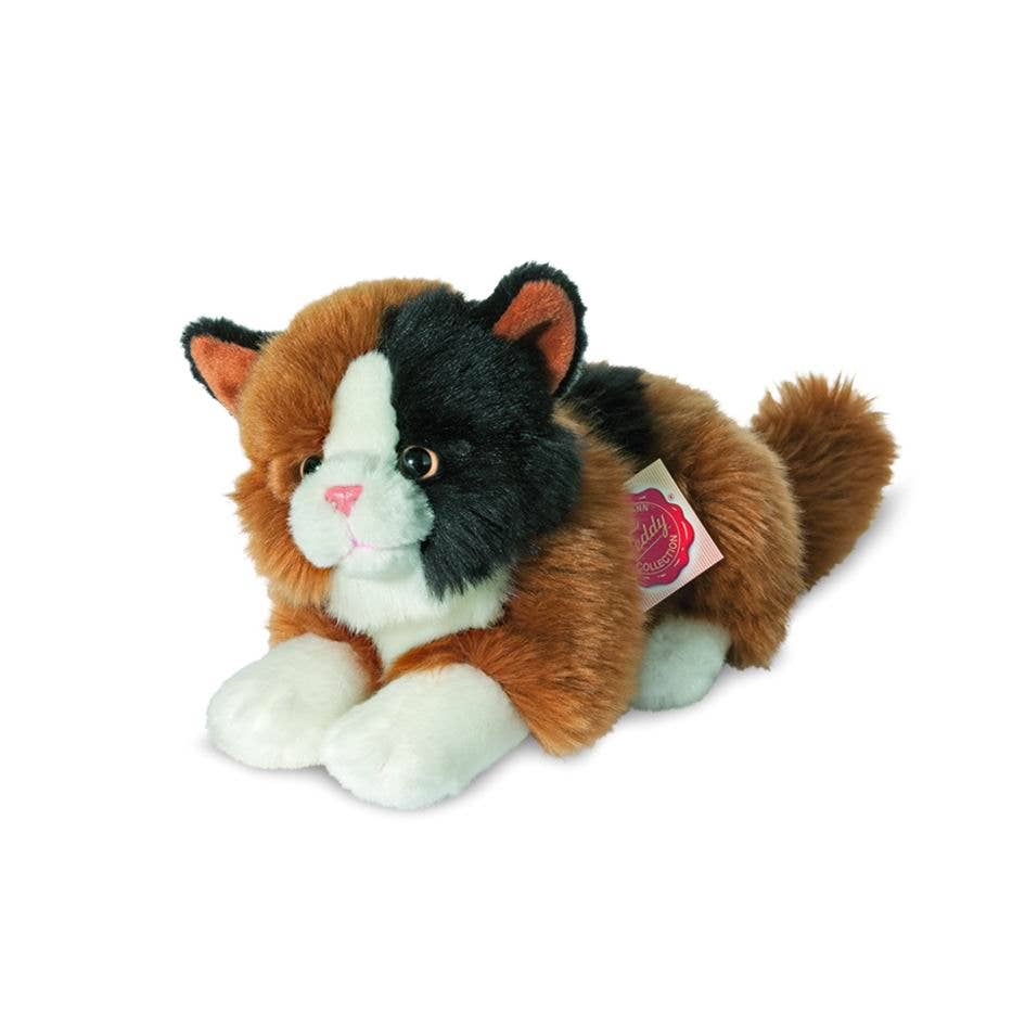 Calico Fluffy Kitten Lying 20 cm - plush stuffed toy by Teddy Hermann