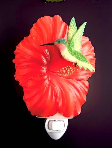 Ruby Red Hibiscus and Hummingbird Night Light-Handpainted by Ibis and Orchid