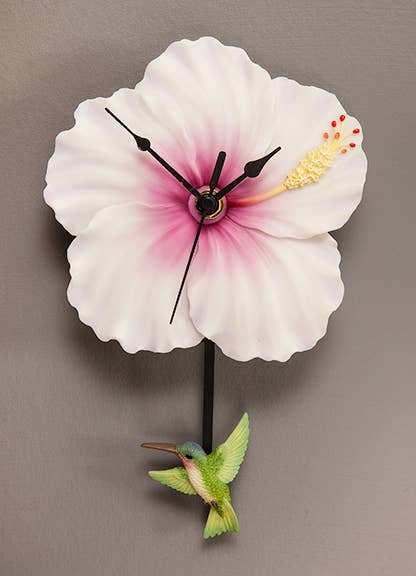 Hummingbird & Hibiscus Pendulum Wall Clock Handpainted Realistic