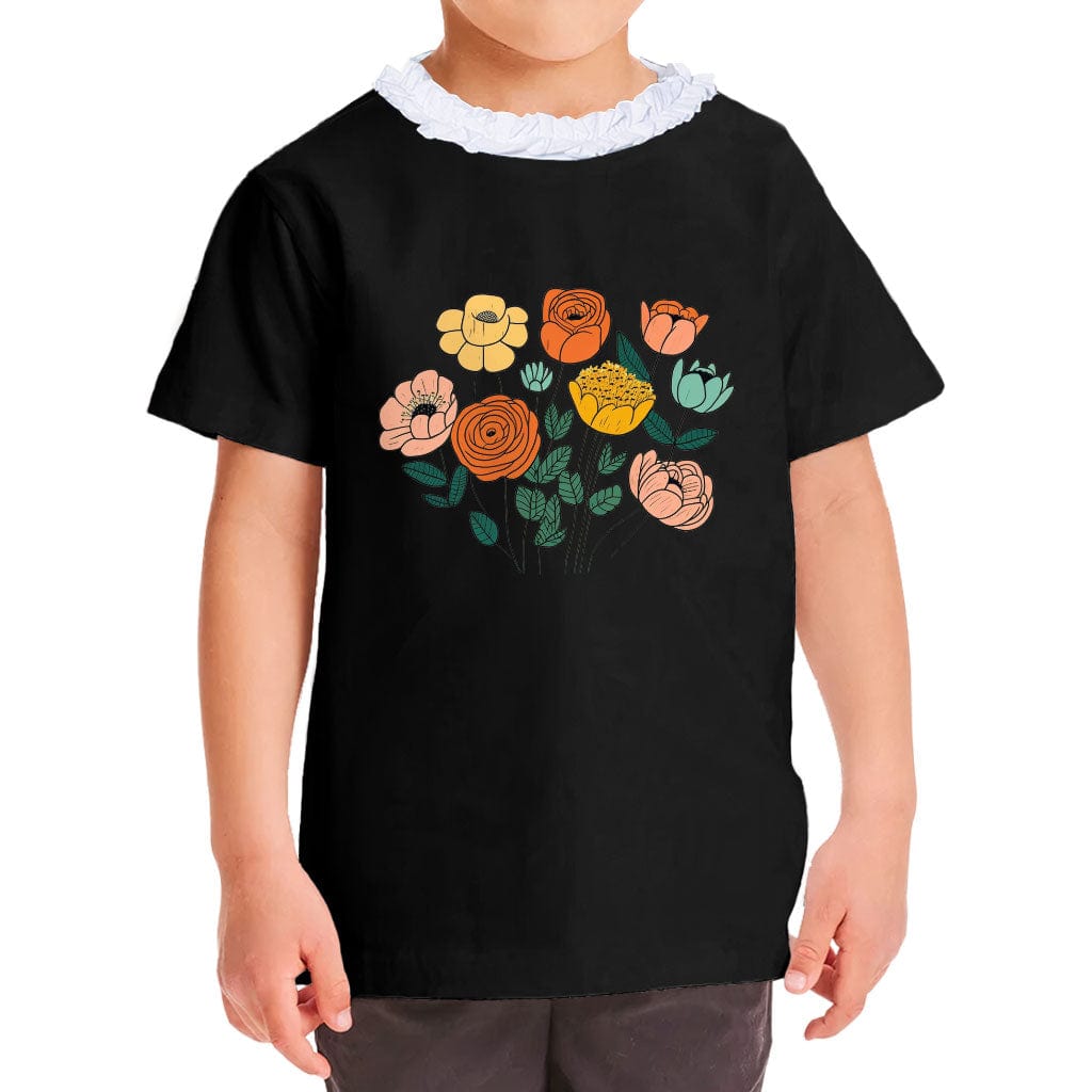 Flower Design Girls' Ruffle Neck T-Shirt - Cartoon Print Toddler T-Shirt - Cute Ruffle Neck Tee